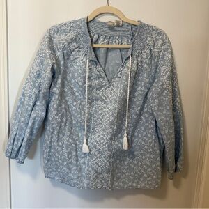 Joie Blue Floral Embroidered Tassle Boho Peasant Cotton-Linen Blend Blouse